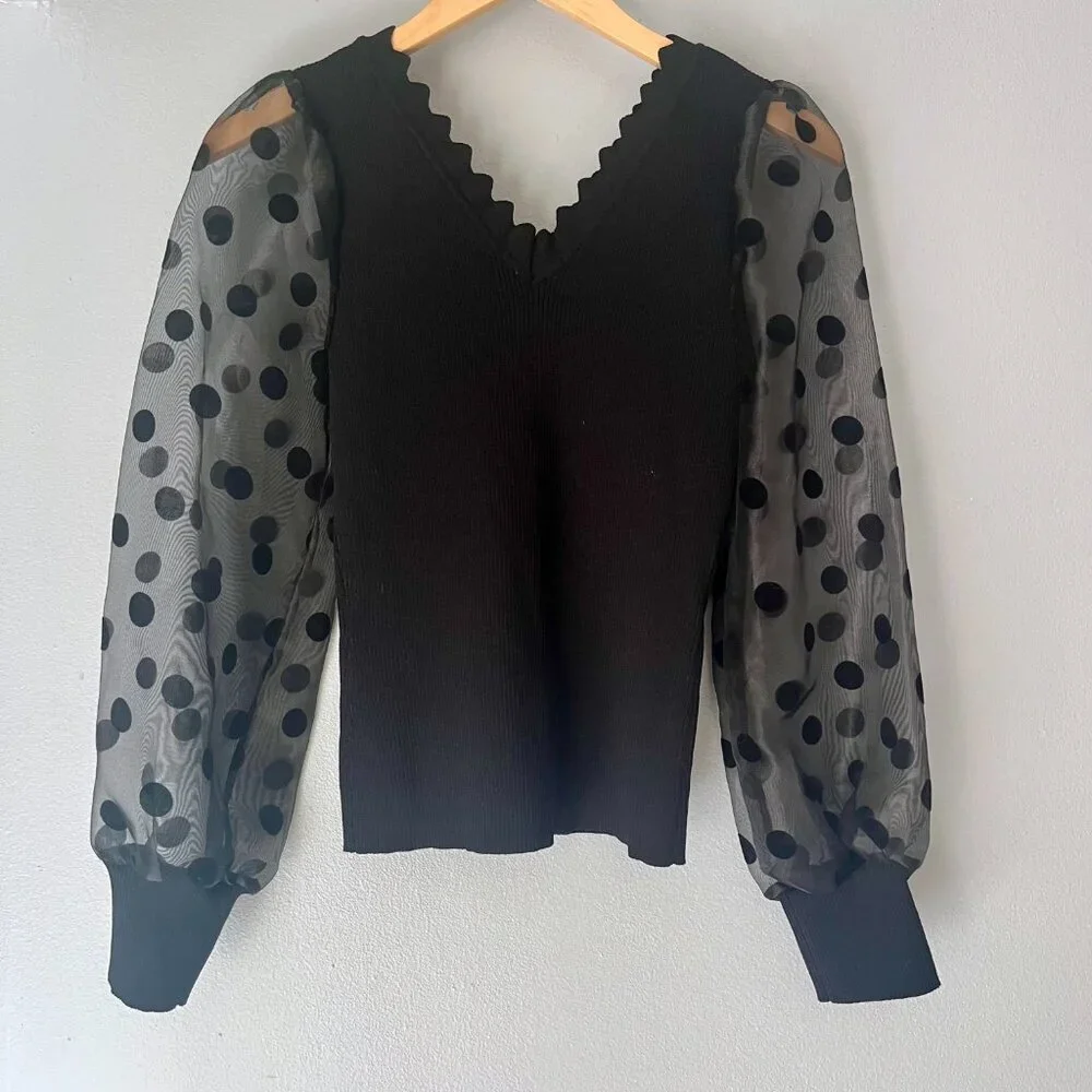 NEW Gracia Black Sheer Long Sleeve Sweater Top M - Picture 6 of 7